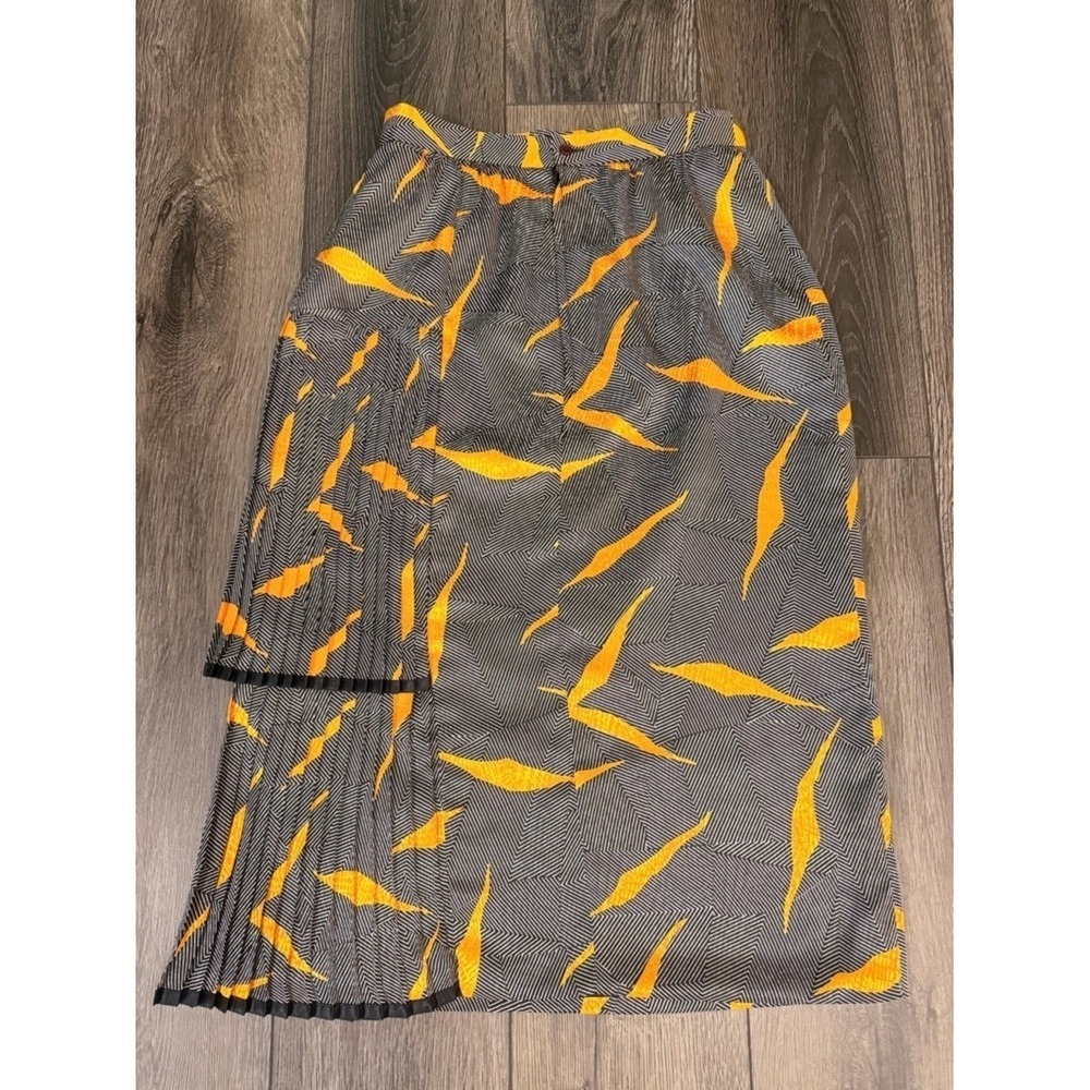 Marie Clemence Paris Asymmetrical Pleated Midi Skirt Black Yellow Size 40 French
